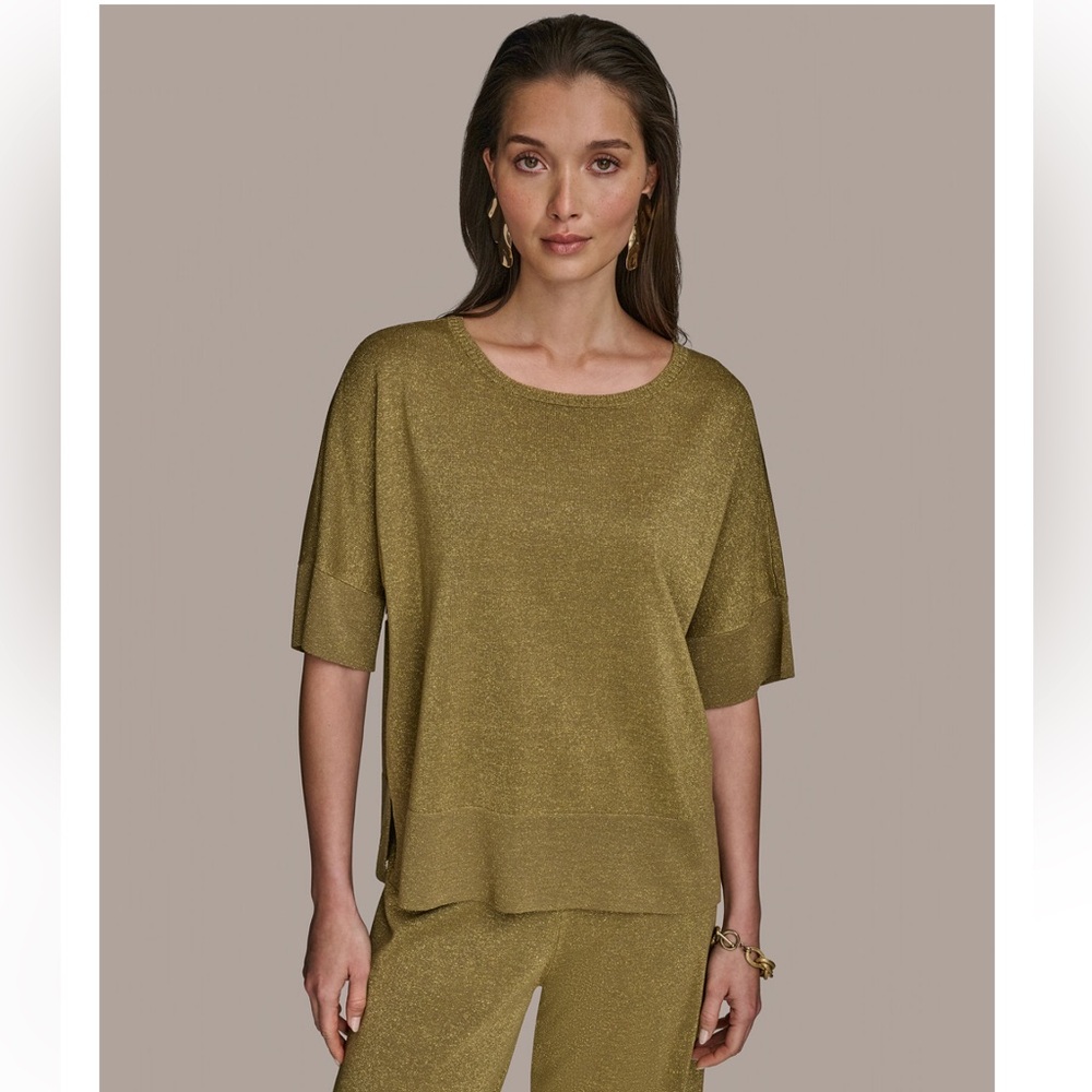 New Donna Karan Women’s Elbow Sleeve Metallic Sweater. Small. Smokey Olive/Gold